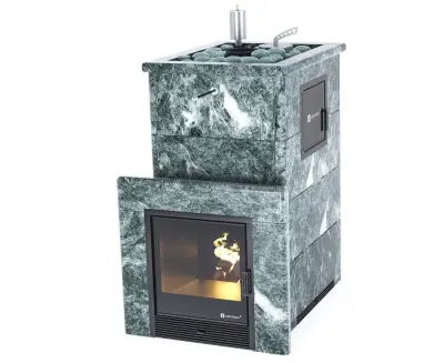 Фото Печь для русской бани Геленджик М2 в трёхстороннем кожухе (змеевик) с открытым верхом в магазине Woodson Фото Печь для русской бани Геленджик М2 в трёхстороннем кожухе (змеевик) с открытым верхом в магазине Woodson