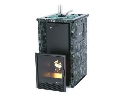 Фото Печь для русской бани Сочи М2 в трёхстороннем кожухе (пироксенит) с открытым верхом в магазине Woodson
