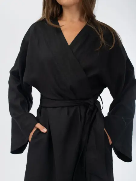 Халат кимоно женский Woodson, чёрный лён (40-52)