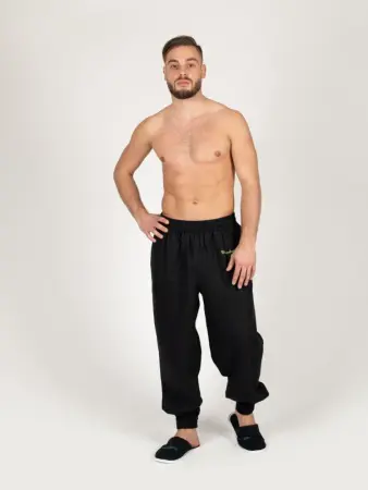 Комплект банщика #1 Woodson, чёрный лён c цветной полосой (46-48)