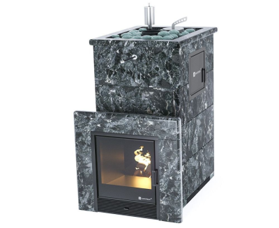 Фото Печь для русской бани Геленджик М2 в трёхстороннем кожухе (пироксенит) с открытым верхом в магазине Woodson Фото Печь для русской бани Геленджик М2 в трёхстороннем кожухе (пироксенит) с открытым верхом в магазине Woodson